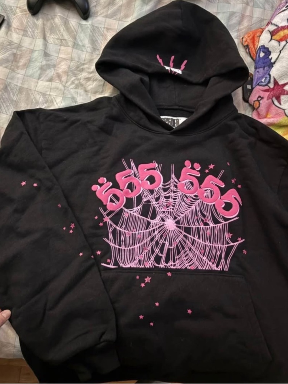 Sp5der Black Hoodie Pink 555 Print (New w/ Tags)